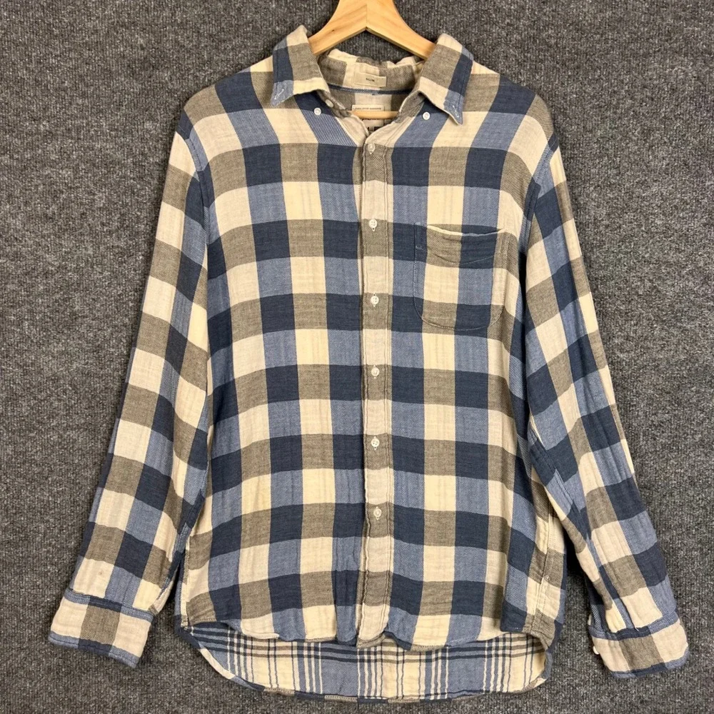 J. Crew Button Down Shirt Mens M Blue Excellent Slim Fit Plaid Flannel Cotton